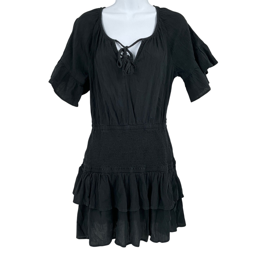 Aerie Mini Dress Womens S Off Black Cotton Boho Smocked Tiered Ruffle Gauze